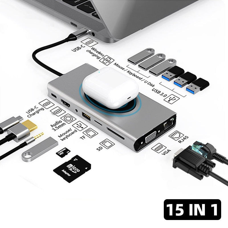 15 in 1 Type C/USB HUB Docking Station HDMI-compatible Wireless Charging USB 3.0 Adapter Laptop Accessories